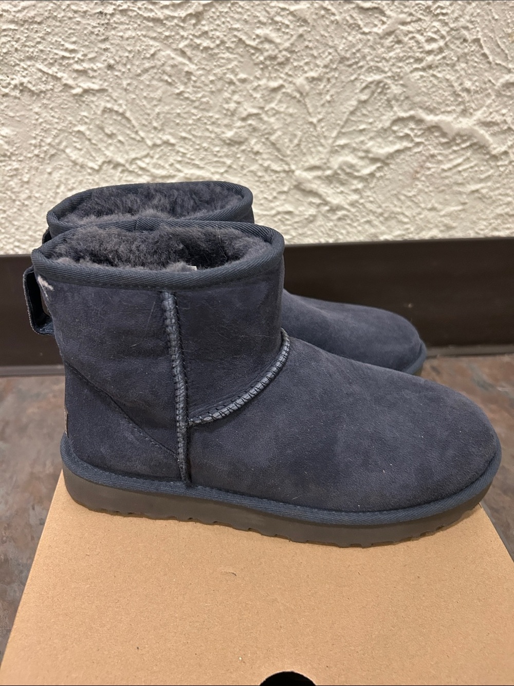 Women’s MINI II UGG Navy Short Suede Boot with Plush Shearling Size 7 EXCELLENT - Picture 6 of 16